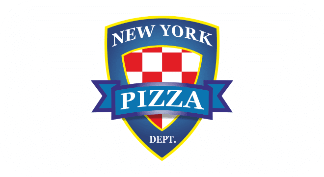 New York Pizza Logo New York Pizza logo with a badge in blue, red, and white colors