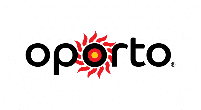 Oporto Logo Oporto logo with black text and a red sun.