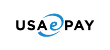 USAePay Logo USAePay logo with black text and a blue swirling 'e'.