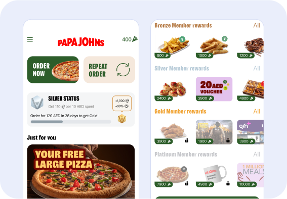 Two screenshots of the Papa Johns app