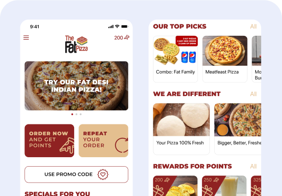 Two screenshots of the Fat Pizza app showcasing app features